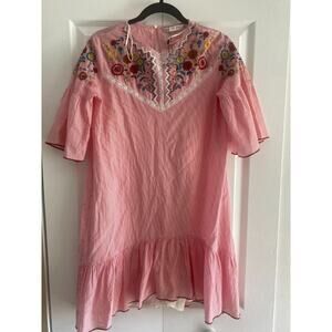 Zara Basic Embroidered Seersucker Dress Womens Size S Red White Striped Cotton